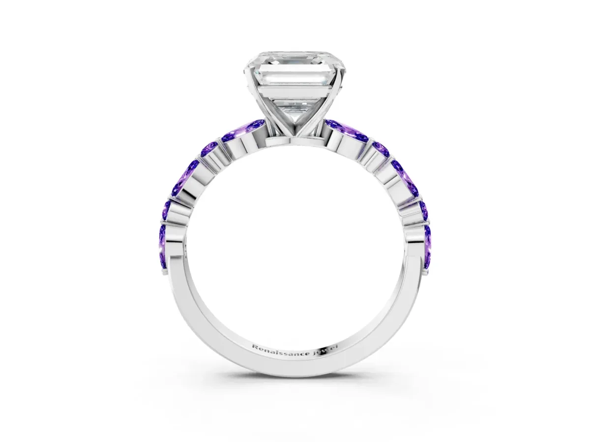 Asscher Cut Diamond Ring with Marquise and Round Tanzanite Side Stones and Four-Prong Setting Silver