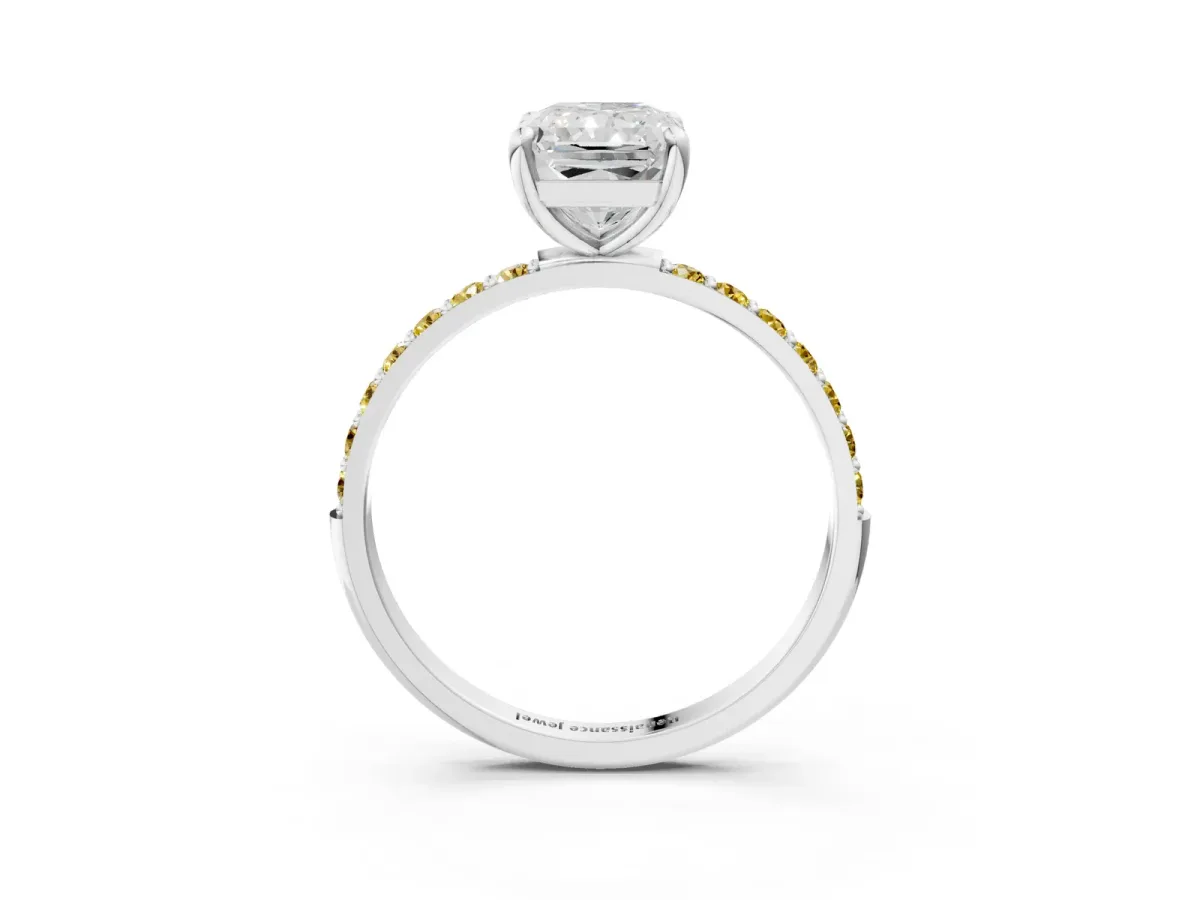 Radiant Cut Diamond Solitaire Ring with Round Yellow Sapphire Pavé Band and Prong Setting Silver