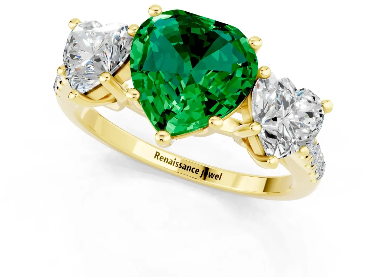 Three-Stone Heart Cut Emerald Ring with Round Pavé Band and Prong Setting Yellow gold