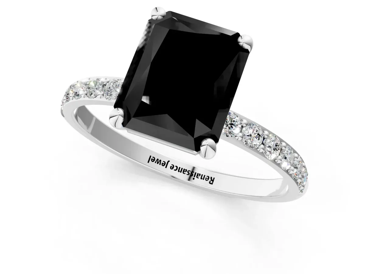 Fancy Black Radiant Cut Diamond Solitaire Ring with Round Pavé Band and Prong Setting Silver