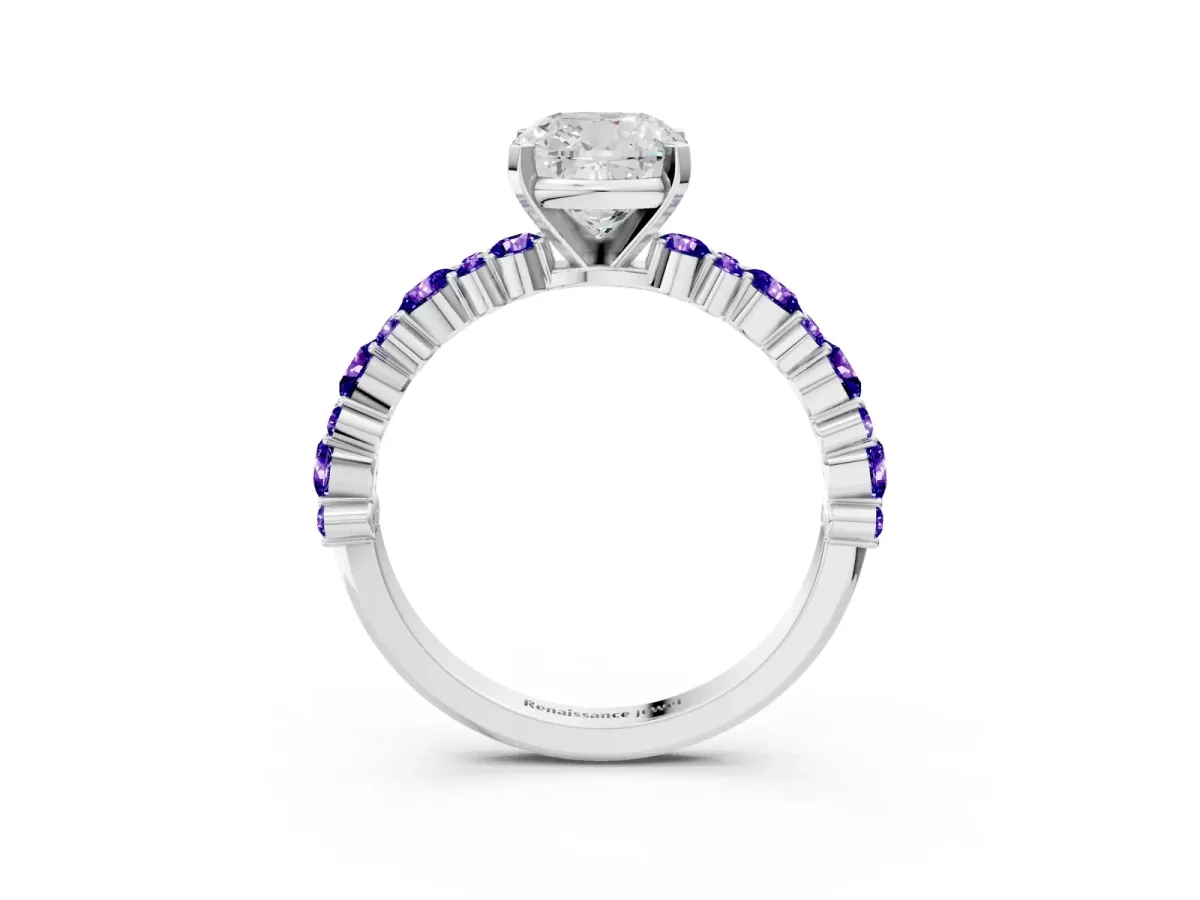 Cushion Cut Diamond Side Stone Solitaire Ring with Round Tanzanite and Four-Prong Setting White gold