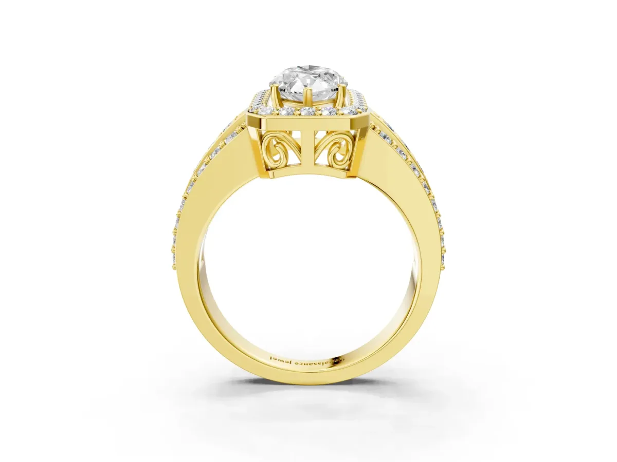 Marquise Cut Halo Diamond Ring with Round Moissanite Split Shank and Prong Setting Yellow gold
