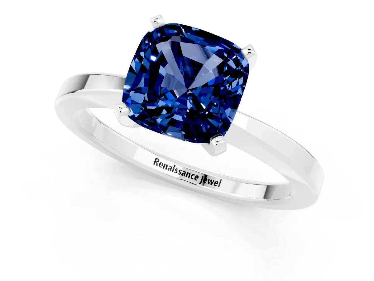 Cushion Cut Blue Sapphire Solitaire Engagement Ring with Classic Band and Four-Prong Setting Silver