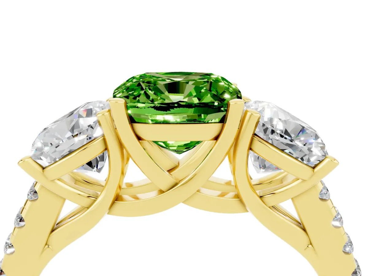 Three-Stone Cushion Cut Peridot Ring with Round Pavé Band and Prong Setting Yellow gold