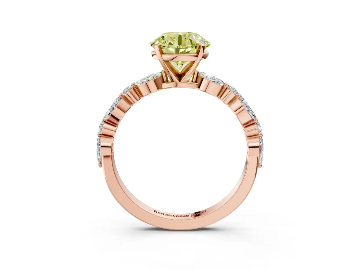 Fancy Yellow Round Cut Diamond Ring with Marquise and Round Side Stones and Four-Prong Setting Rose gold