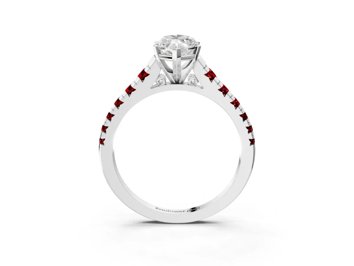 Marquise Cut Diamond Cathedral Solitaire Ring with Round Ruby Pavé Band White gold