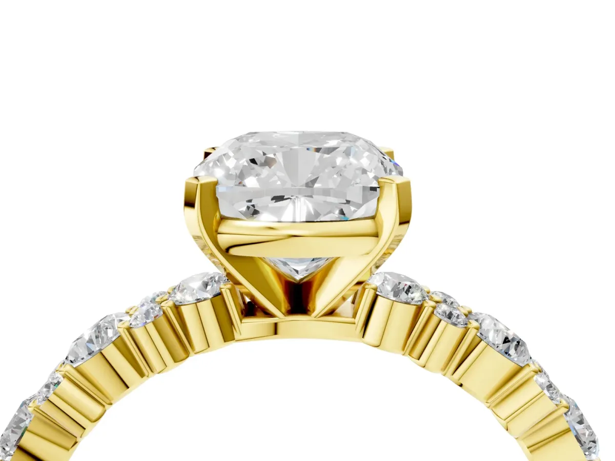 Cushion Cut Diamond Side Stone Solitaire Ring with Round and Four-Prong Setting Yellow gold