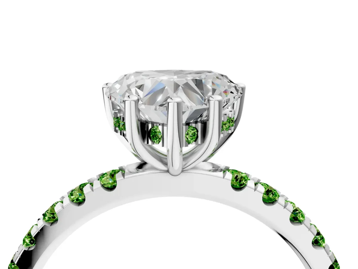 Heart Cut Diamond Pave Band Solitaire Ring with Round Peridot and Prong Setting Platinum
