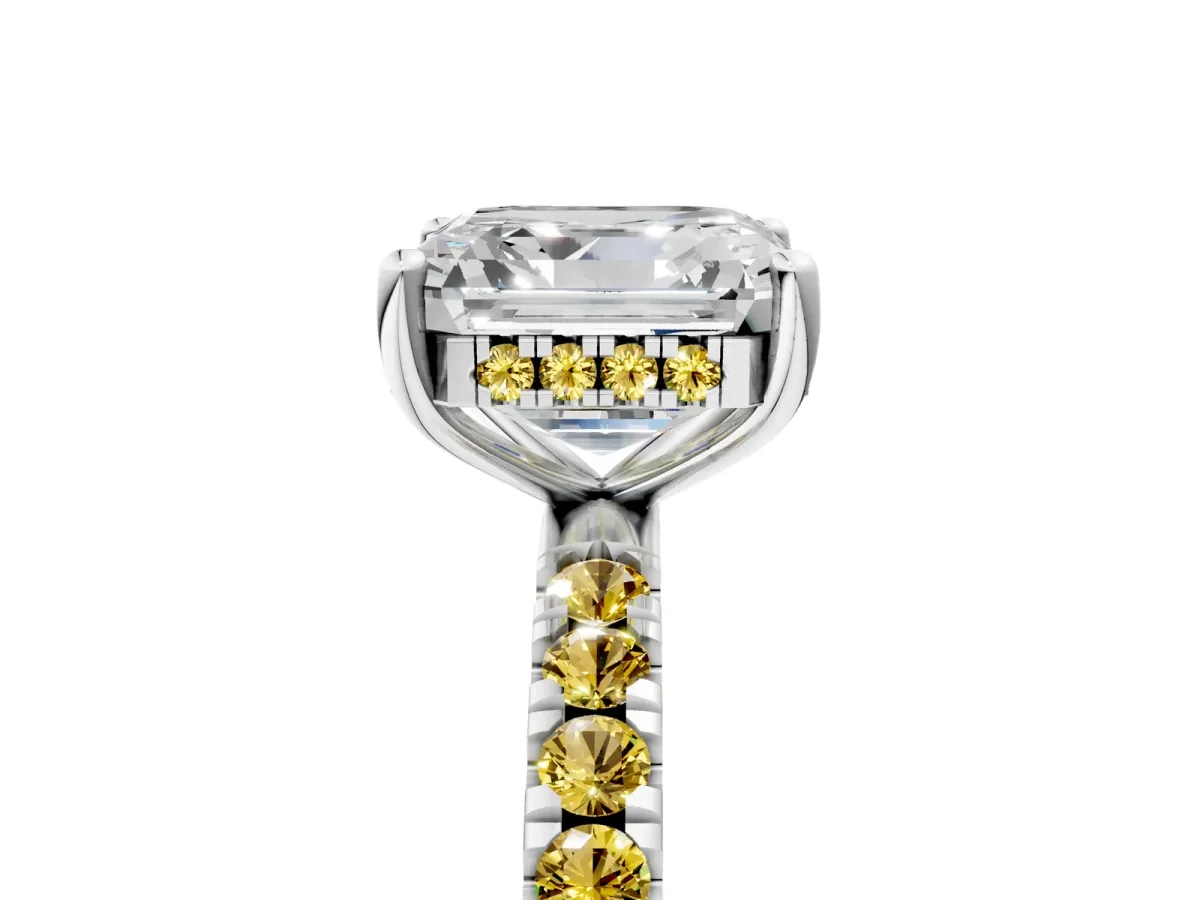Asscher Cut Diamond Pave Band Solitaire Ring with Round Yellow Sapphire and Prong Setting Platinum