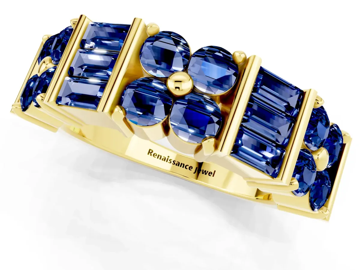 Channel Set Round and Baguette Blue Sapphire Anniversary Band with Prong Setting Yellow gold