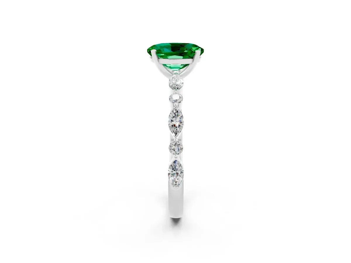 Oval Cut Emerald Ring with Marquise and Round Side Stones and Four-Prong Setting Silver