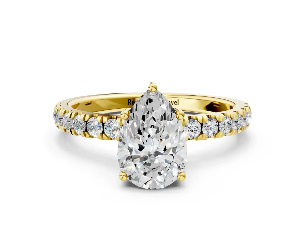 Pear Cut Diamond Pave Band Solitaire Ring with Round and Prong Setting Yellow gold
