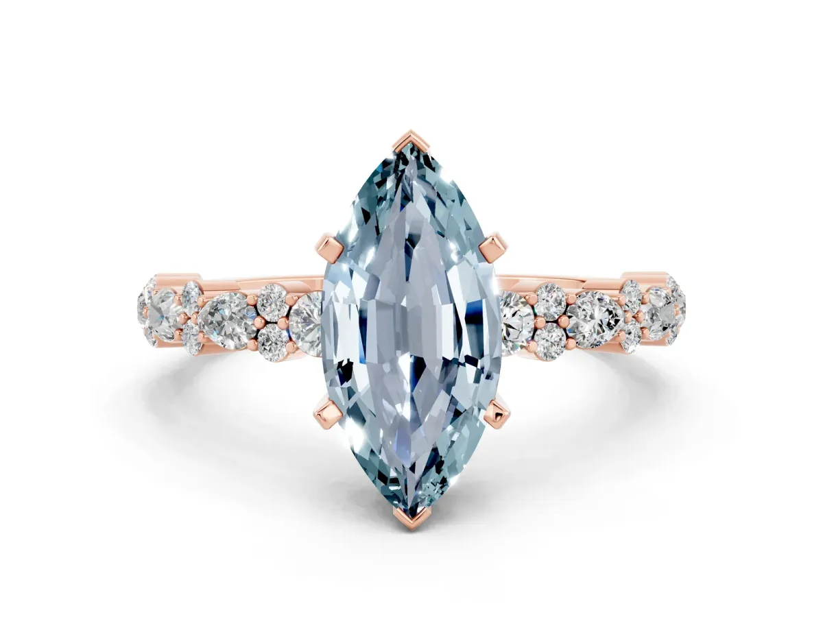 Marquise Cut Aquamarine Side Stone Solitaire Ring with Round and Four-Prong Setting Rose gold