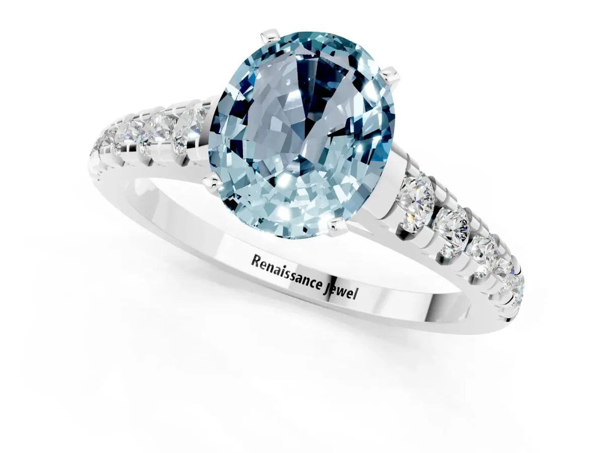 Oval Cut Aquamarine Cathedral Solitaire Ring with Round Pavé Band White gold
