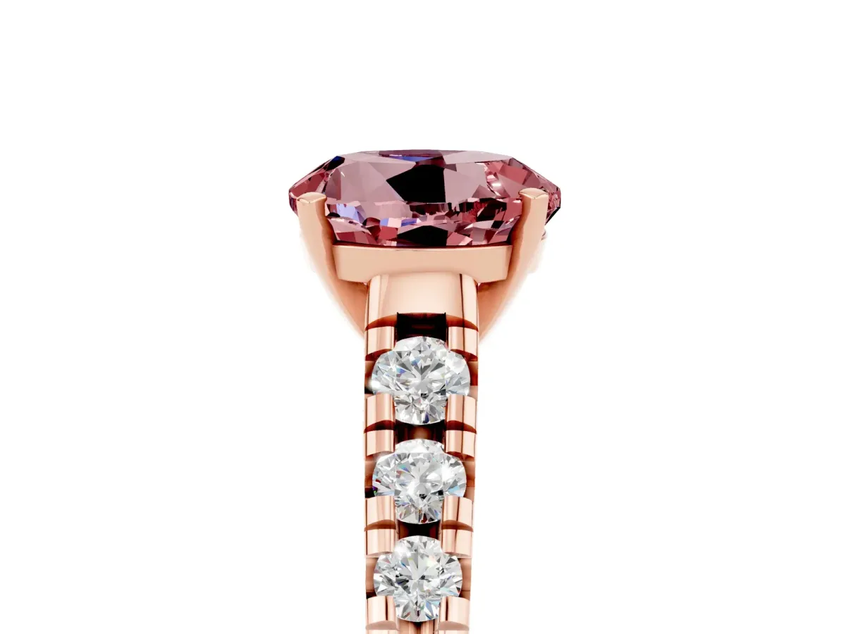 Round Cut Morganite Cathedral Solitaire Ring with Round Pavé Band Rose gold