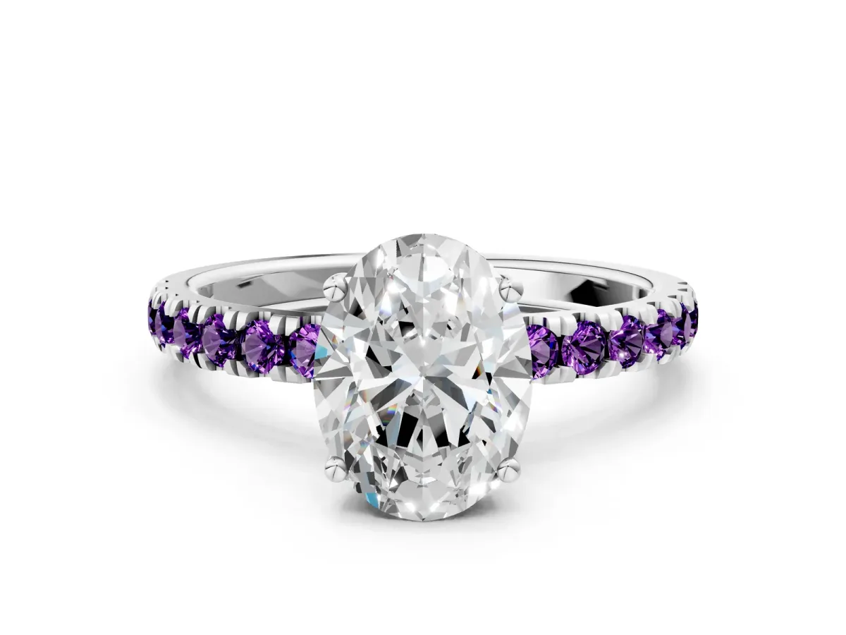 Oval Cut Diamond Pave Band Solitaire Ring with Round Amethyst and Prong Setting Platinum