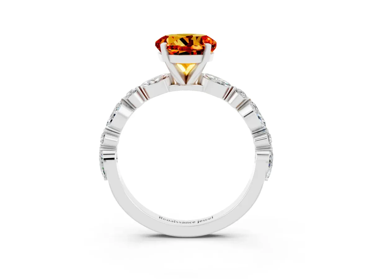 Round Cut Citrine Ring with Marquise and Round Side Stones and Four-Prong Setting Platinum