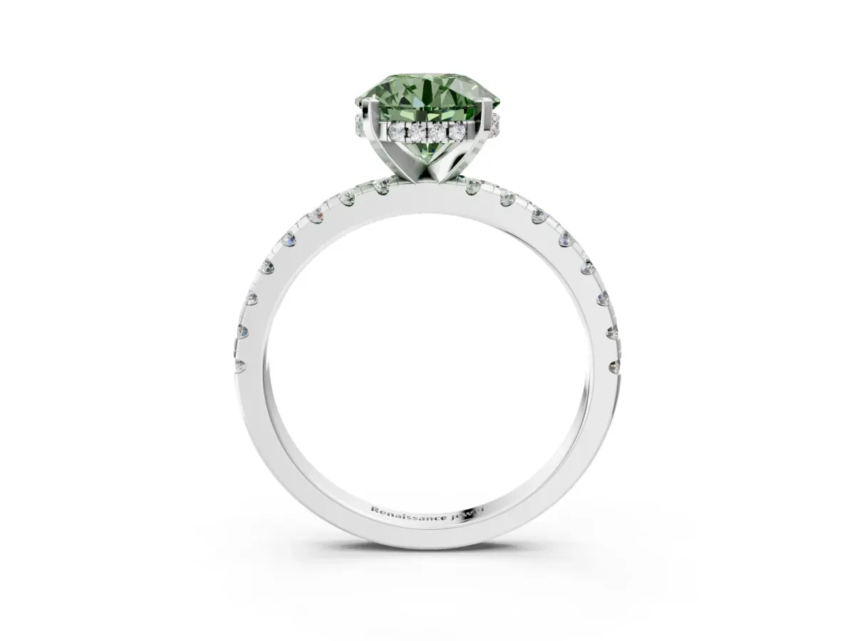 Fancy Green Round Cut Diamond Solitaire Ring with Round Pavé Band and Four-Prong Setting White gold