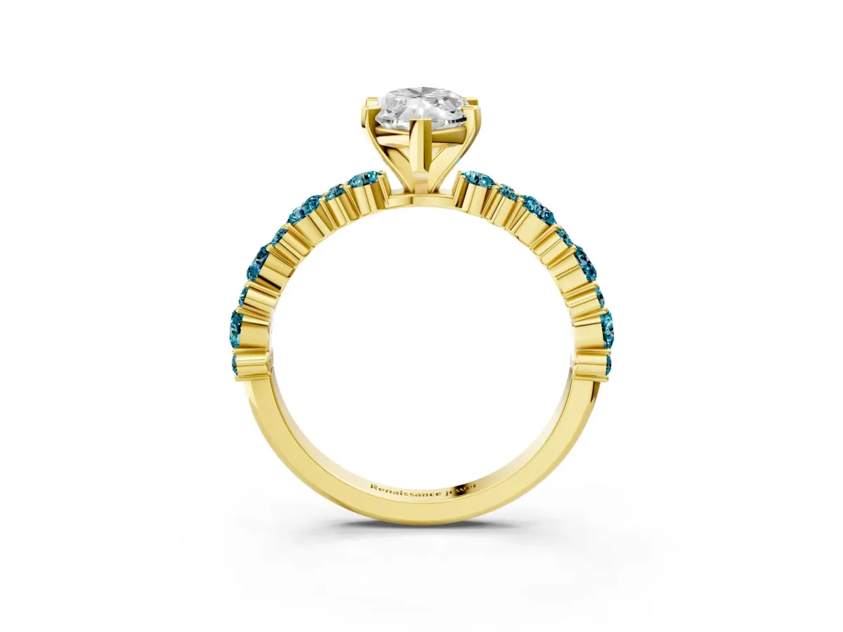 Marquise Cut Diamond Side Stone Solitaire Ring with Round Blue Topaz and Four-Prong Setting Yellow gold