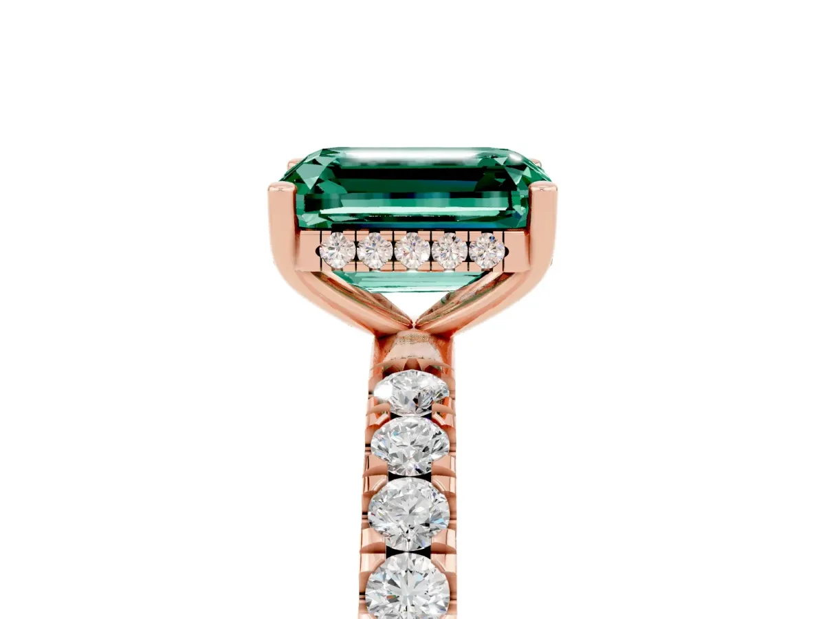 Emerald Cut Green Sapphire Pave Band Solitaire Ring with Round and Prong Setting Rose gold