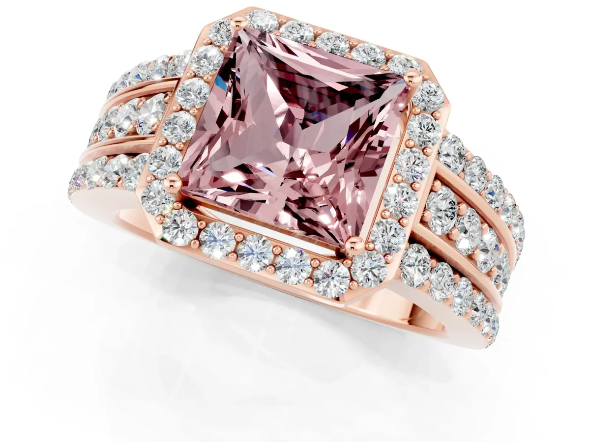 Princess Cut Halo Morganite Ring with Round Split Shank and Prong Setting Rose gold