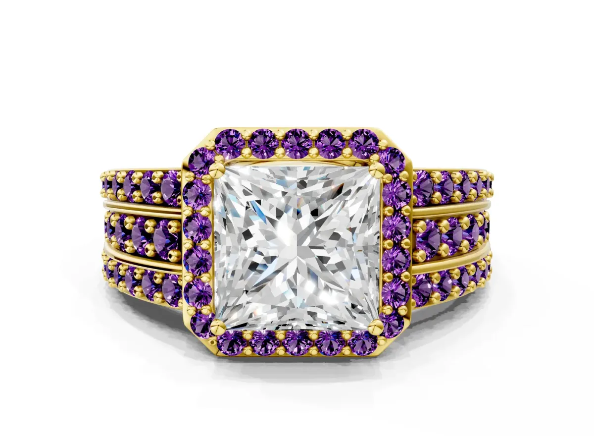 Princess Cut Halo Diamond Ring with Round Amethyst Split Shank and Prong Setting Yellow gold