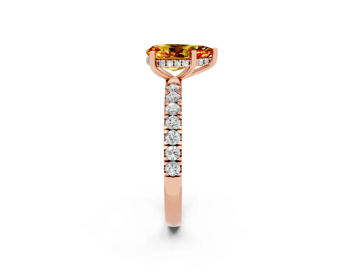 Pear Cut Citrine Pave Band Solitaire Ring with Round and Prong Setting Rose gold