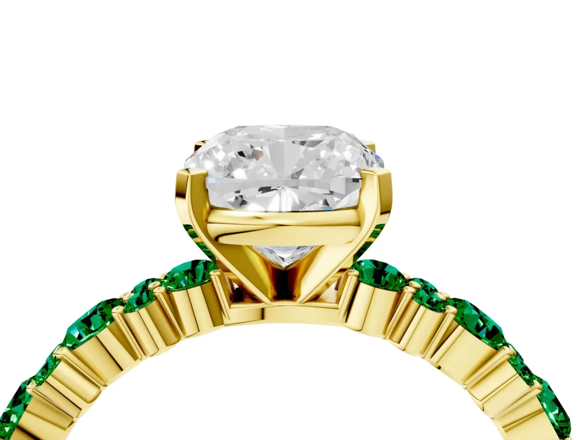Cushion Cut Diamond Side Stone Solitaire Ring with Round Emerald and Four-Prong Setting Yellow gold