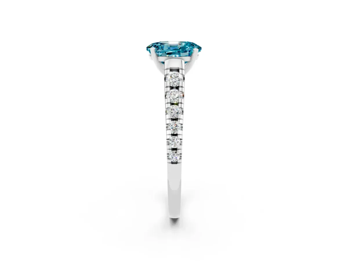 Oval Cut Blue Topaz Cathedral Solitaire Ring with Round Pavé Band White gold