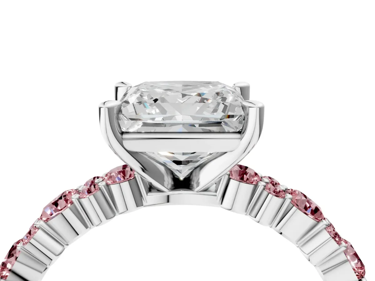 Princess Cut Diamond Side Stone Solitaire Ring with Round Morganite and Four-Prong Setting Platinum