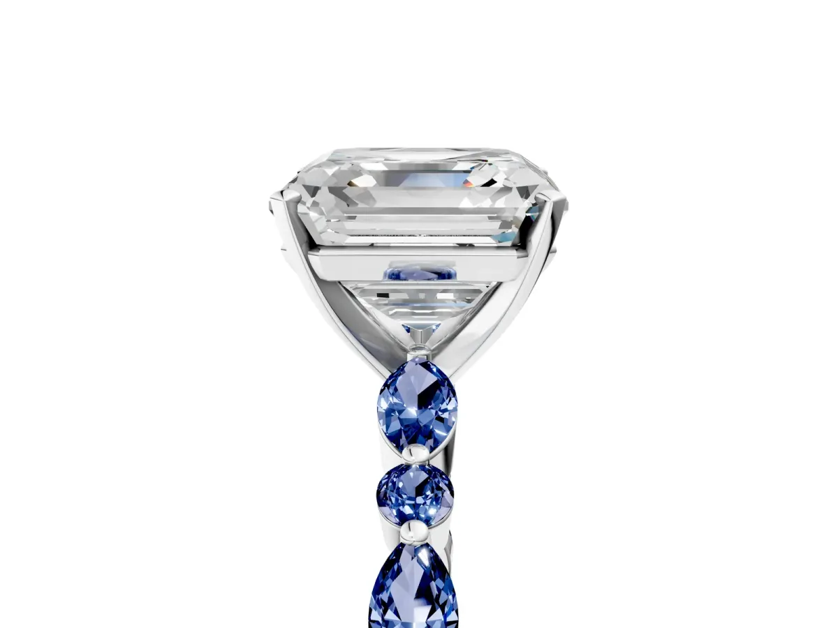 Asscher Cut Diamond Ring with Marquise and Round Blue Sapphire Side Stones and Four-Prong Setting Silver