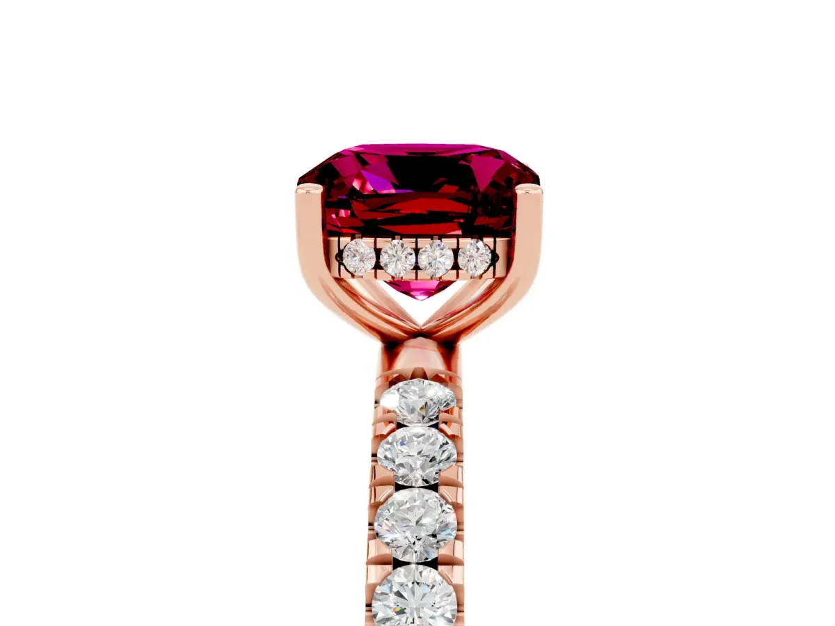 Cushion Cut Garnet Pave Band Solitaire Ring with Round and Prong Setting Rose gold