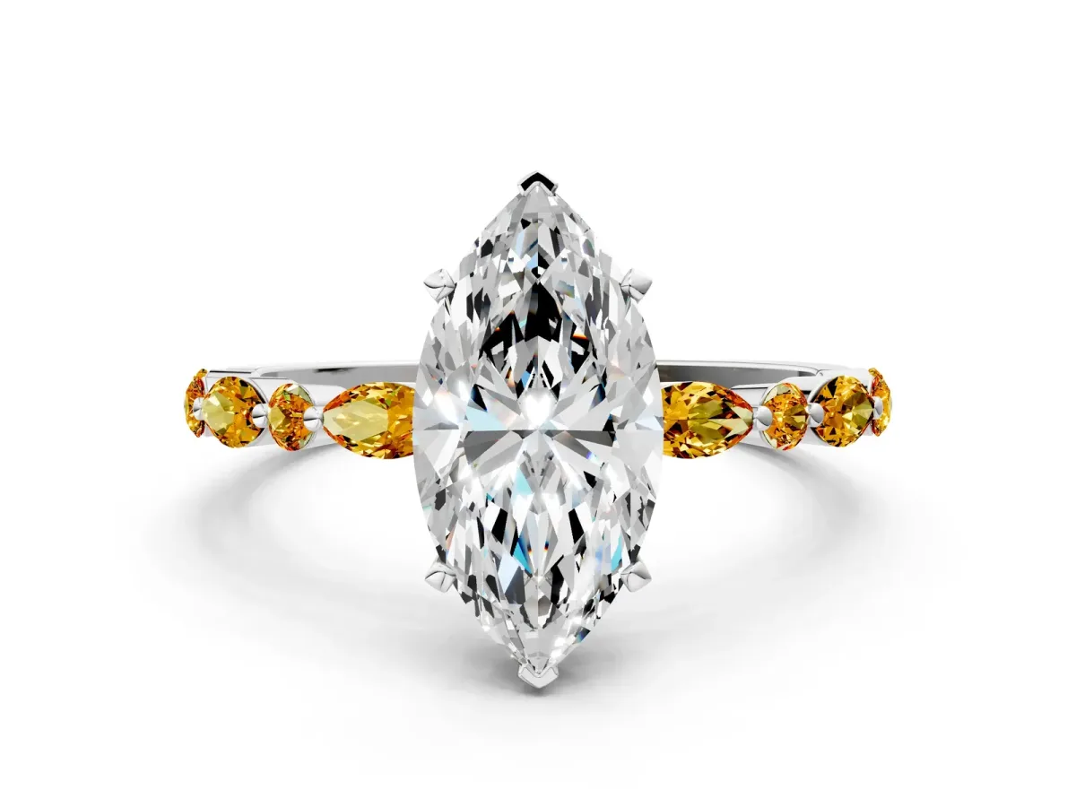 Marquise Cut Diamond Ring with Marquise and Round Citrine Side Stones and Four-Prong Setting Silver