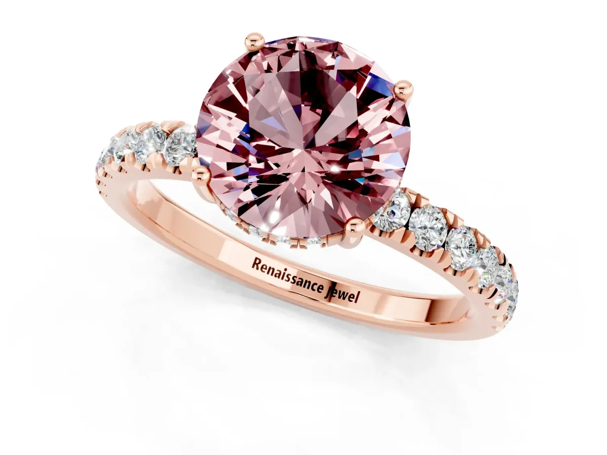 Round Cut Morganite Pave Band Solitaire Ring with Round and Prong Setting Rose gold