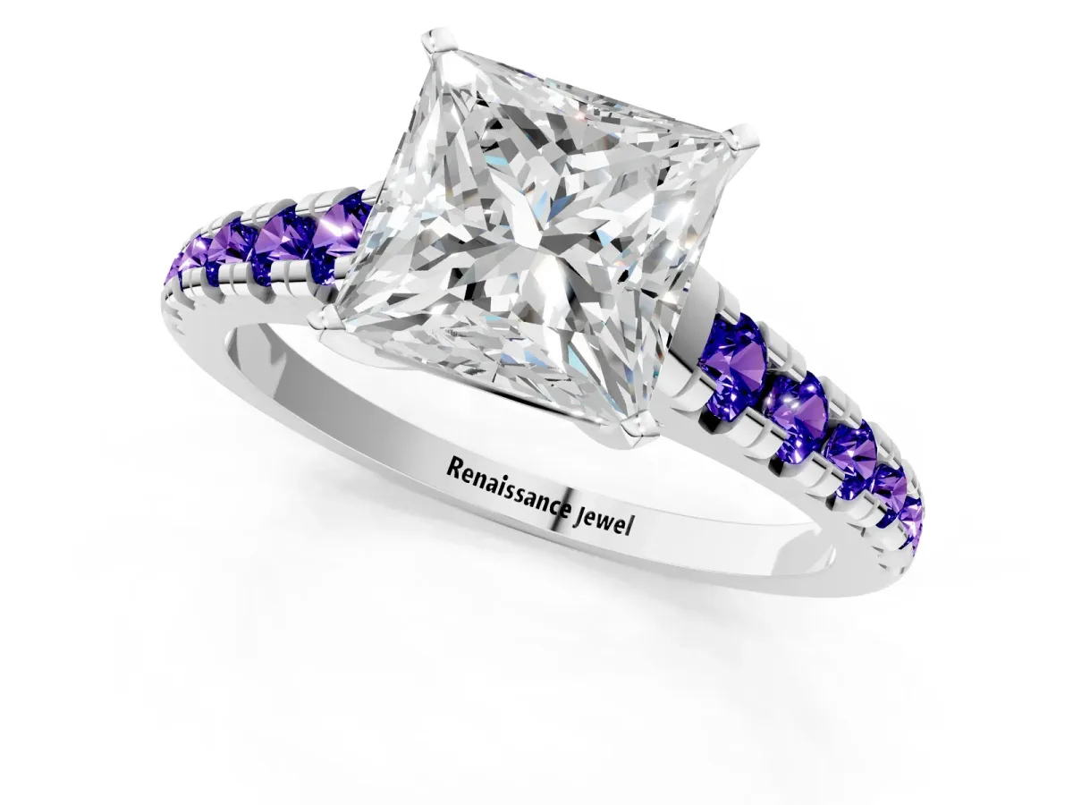 Princess Cut Diamond Cathedral Solitaire Ring with Round Tanzanite Pavé Band Platinum