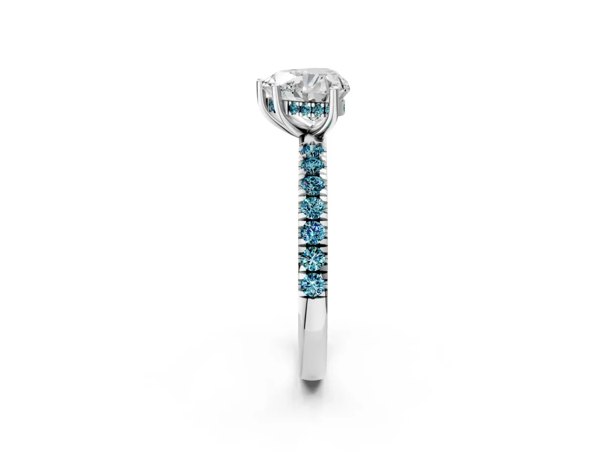 Heart Cut Diamond Pave Band Solitaire Ring with Round Blue Topaz and Prong Setting Silver