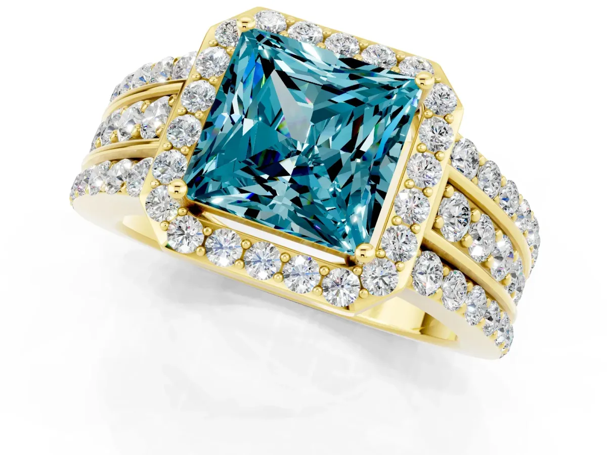 Princess Cut Halo Blue Topaz Ring with Round Split Shank and Prong Setting Yellow gold