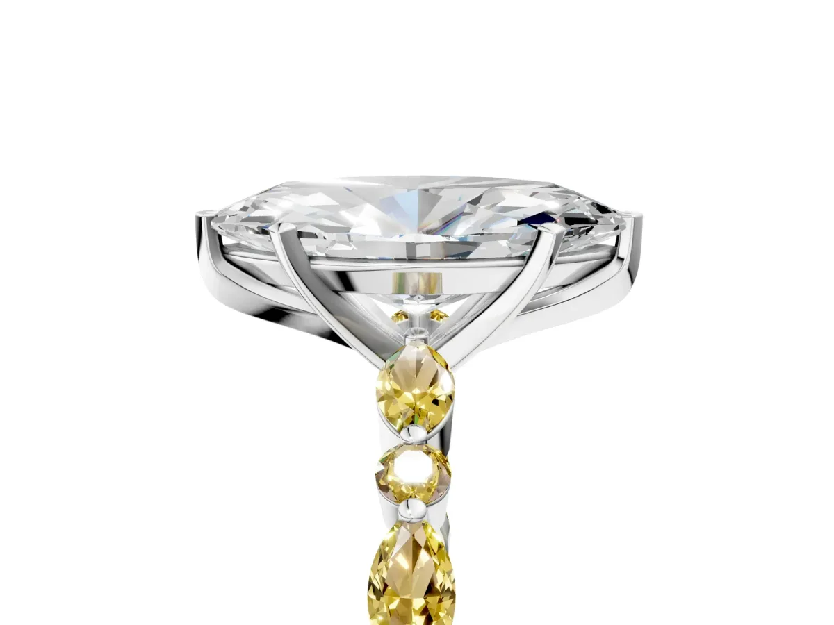 Marquise Cut Diamond Ring with Marquise and Round Yellow Sapphire Side Stones and Four-Prong Setting Silver