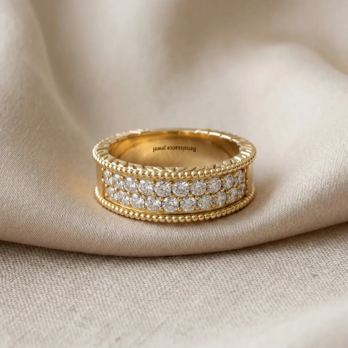 Round Cut Diamond Pave Eternity Band with Bead Prong Setting Yellow gold