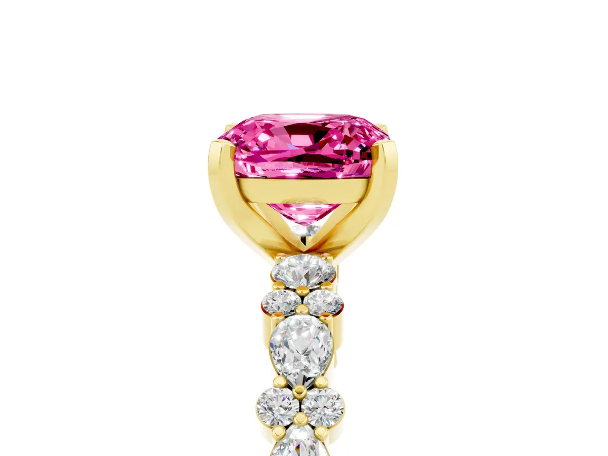 Cushion Cut Pink Sapphire Side Stone Solitaire Ring with Round and Four-Prong Setting Yellow gold