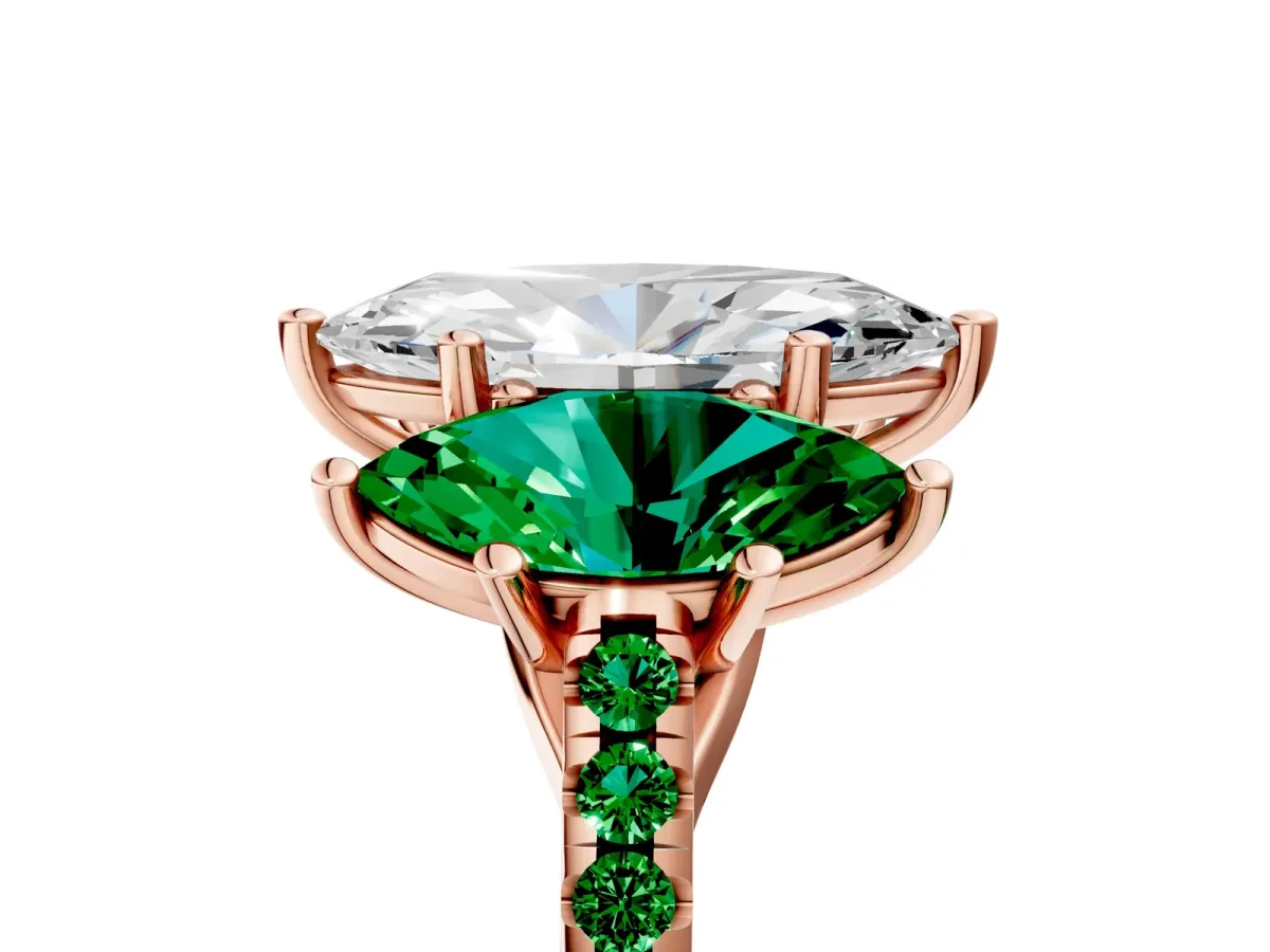 Three-Stone Marquise Cut Diamond Ring with Round Emerald Pavé Band and Prong Setting Rose gold