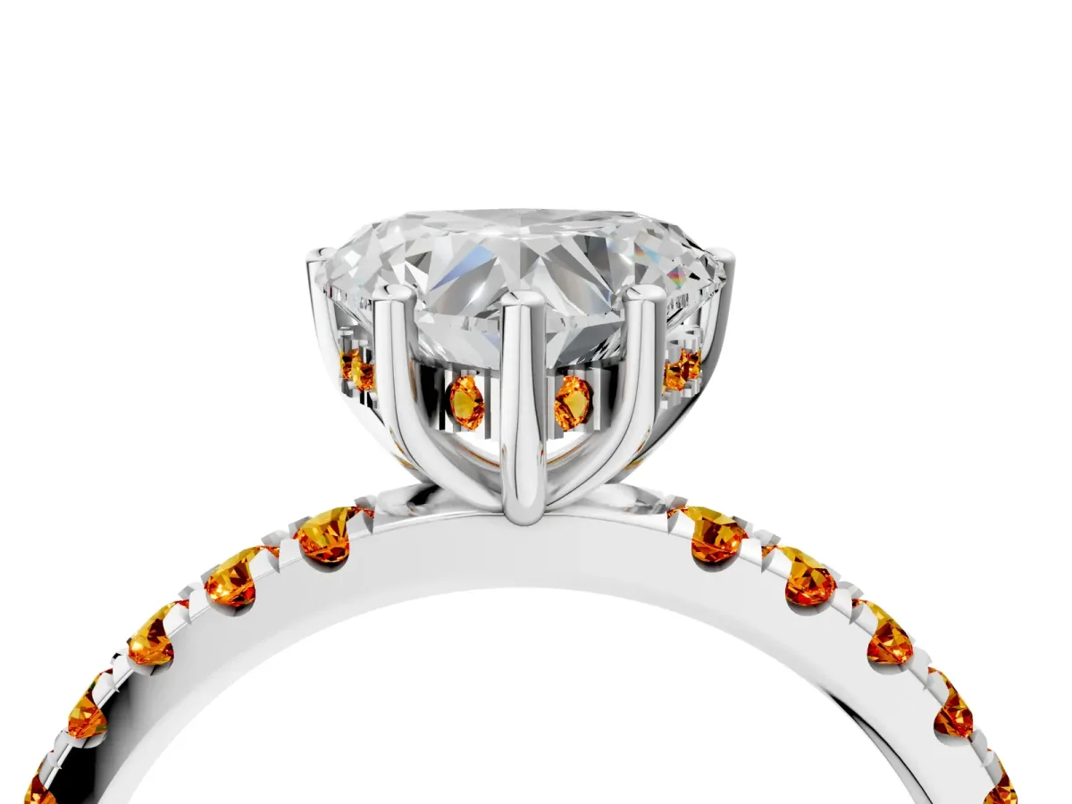 Heart Cut Diamond Pave Band Solitaire Ring with Round Citrine and Prong Setting Platinum