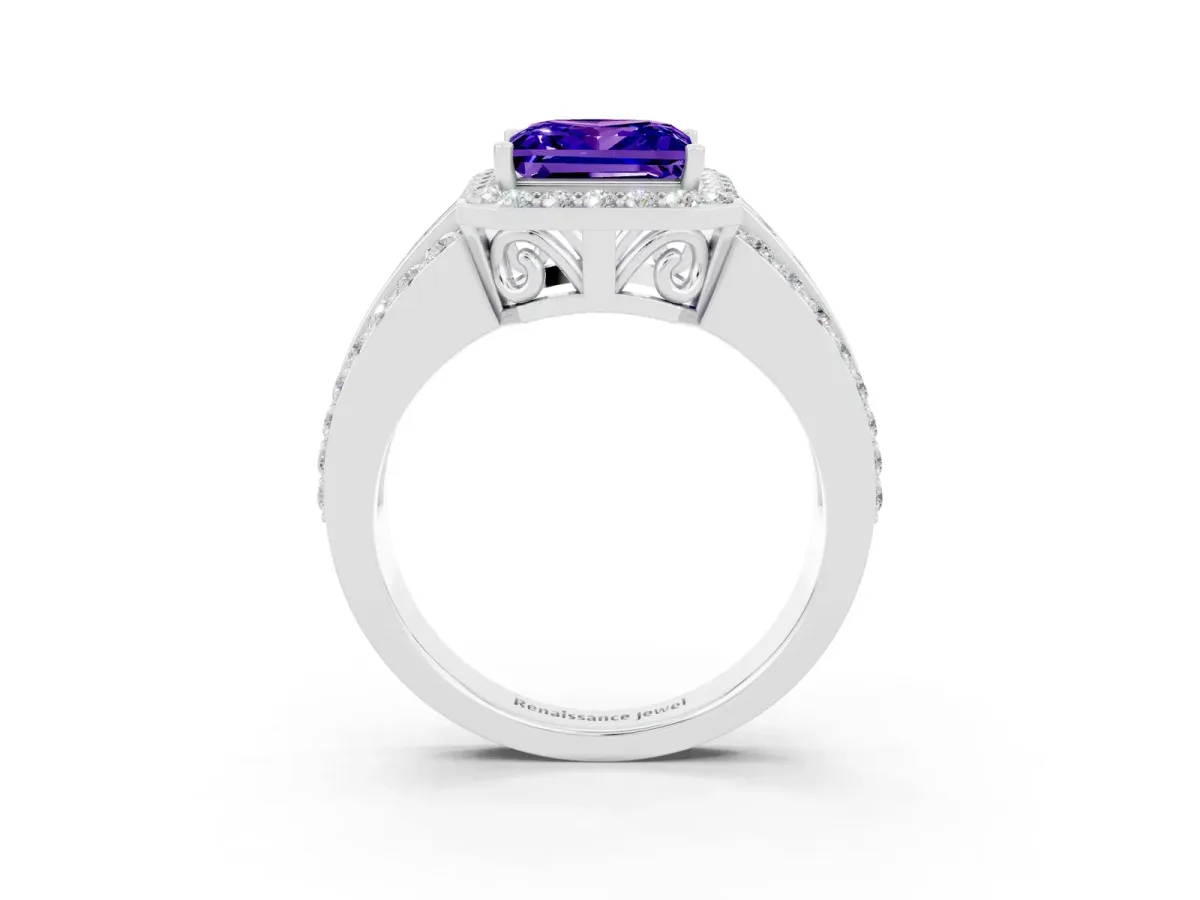 Princess Cut Halo Tanzanite Ring with Round Split Shank and Prong Setting Silver