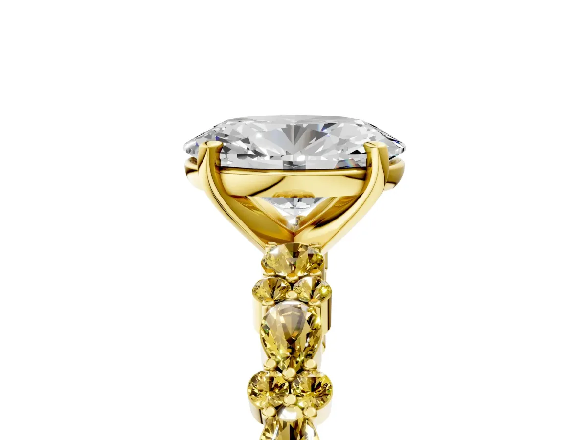 Oval Cut Diamond Side Stone Solitaire Ring with Round Yellow Sapphire and Four-Prong Setting Yellow gold