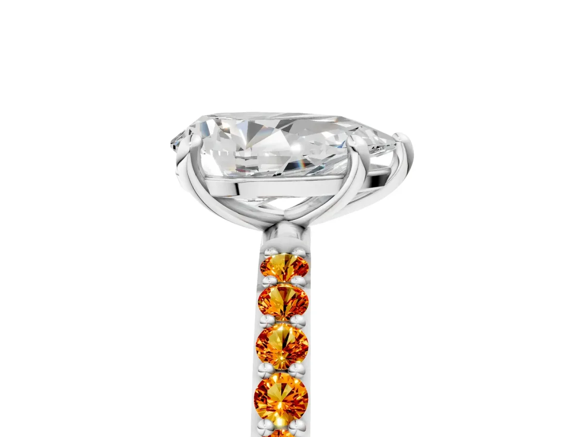 Pear Cut Diamond Solitaire Ring with Round Citrine Pavé Band and Prong Setting Platinum