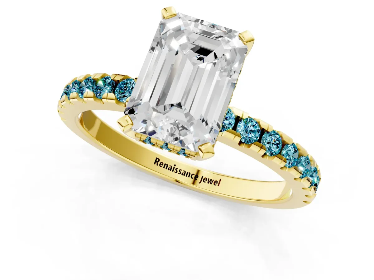 Emerald Cut Diamond Solitaire Ring with Round Blue Topaz Pavé Band and Four-Prong Setting Yellow gold