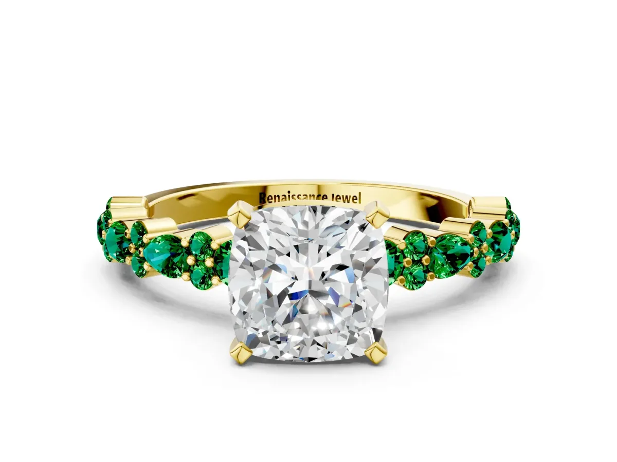 Cushion Cut Diamond Side Stone Solitaire Ring with Round Emerald and Four-Prong Setting Yellow gold