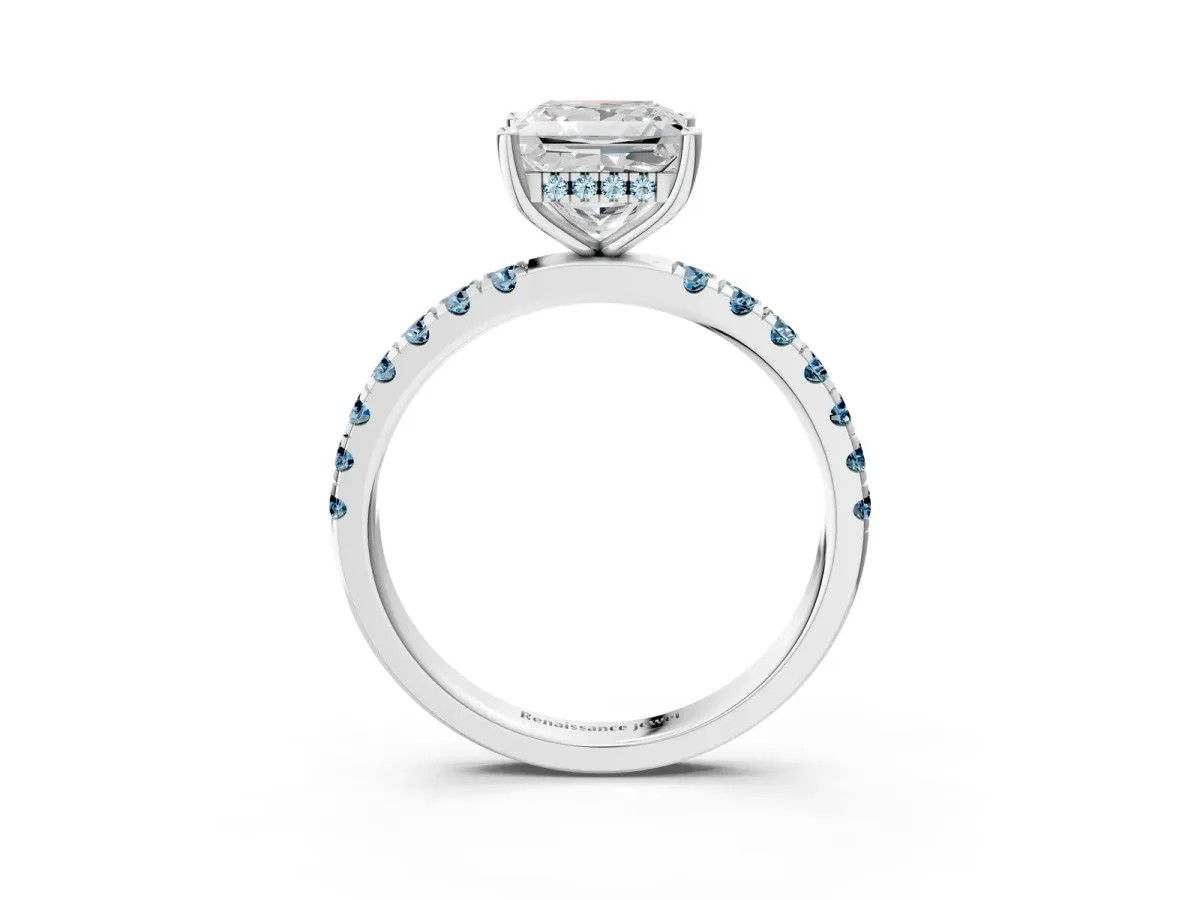 Princess Cut Diamond Pave Band Solitaire Ring with Round Aquamarine and Prong Setting Silver