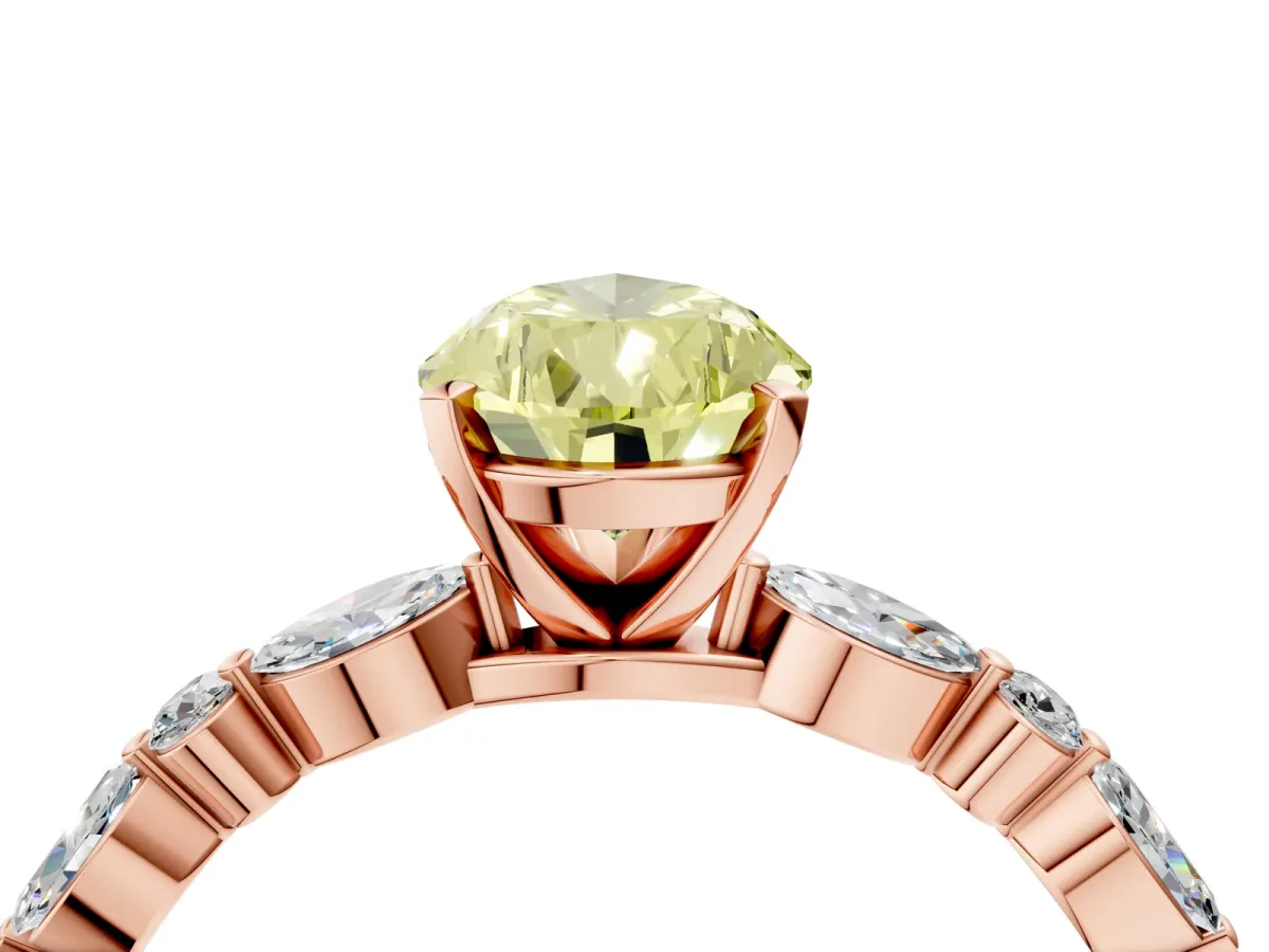 Fancy Yellow Pear Cut Diamond Ring with Marquise and Round Side Stones and Four-Prong Setting Rose gold