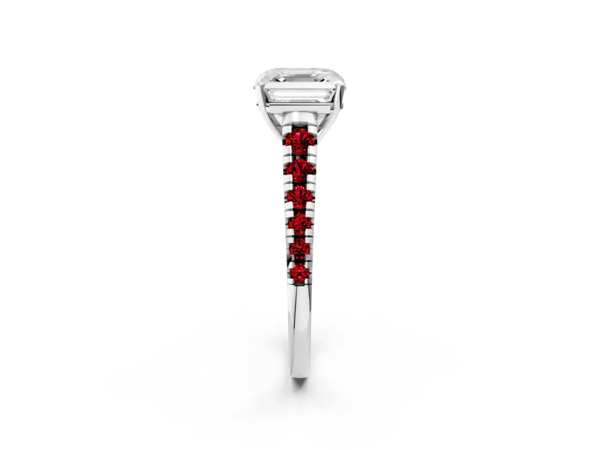 Asscher Cut Diamond Cathedral Solitaire Ring with Round Ruby Pavé Band White gold